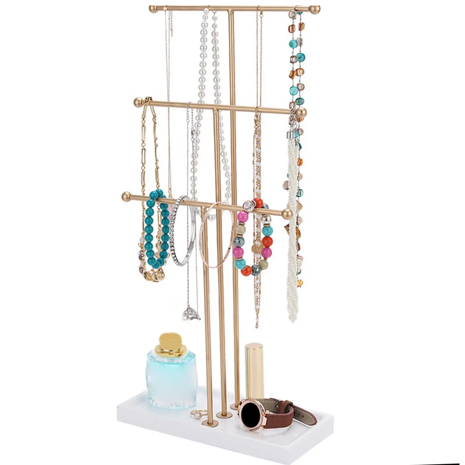 3 Tier Metal T Bar Jewelry Stand Organizer, Base 22.5x10cm for Earring Display Necklace Holder Max Height 45cm Multifunctional