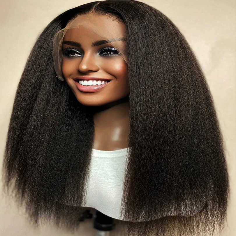 Soft 24inch Kinky Straight Lace Front Wigs 180 Density Black Yaki Wig With Baby Hair Synthetic Wig Heat Temperature Glueless