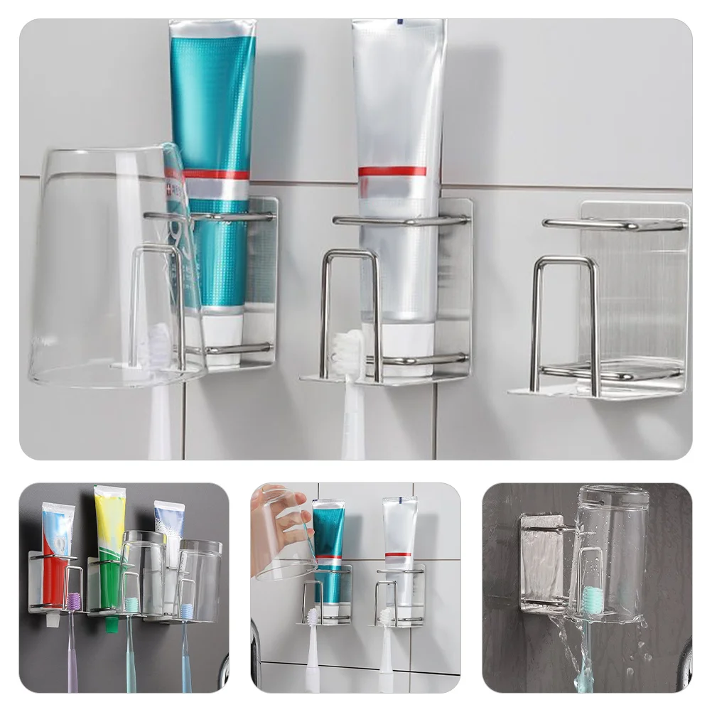 

Toothbrush Holder Nail-Free Wall Mounted Bathroom Organizer For Mirror Glass Ceramic Tile Stainless Steel Cup Toothpaste Storage