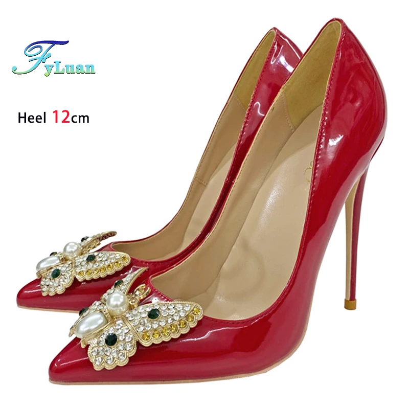 Plus Size 45 Handmade Women High Heels 8CM 10CM 12CM Fashion Pointed Toe Rhinestone Single Shoes Comfort Shallow Mouth Red Pumps