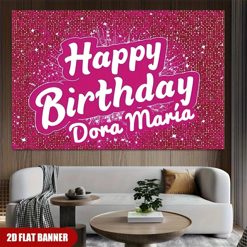 VIKAMA Pink Glitter Happy Birthday Banner Custom Name Tapestry Party Backdrop Sparkle Star Wall Hanging for Photo Booth Decor