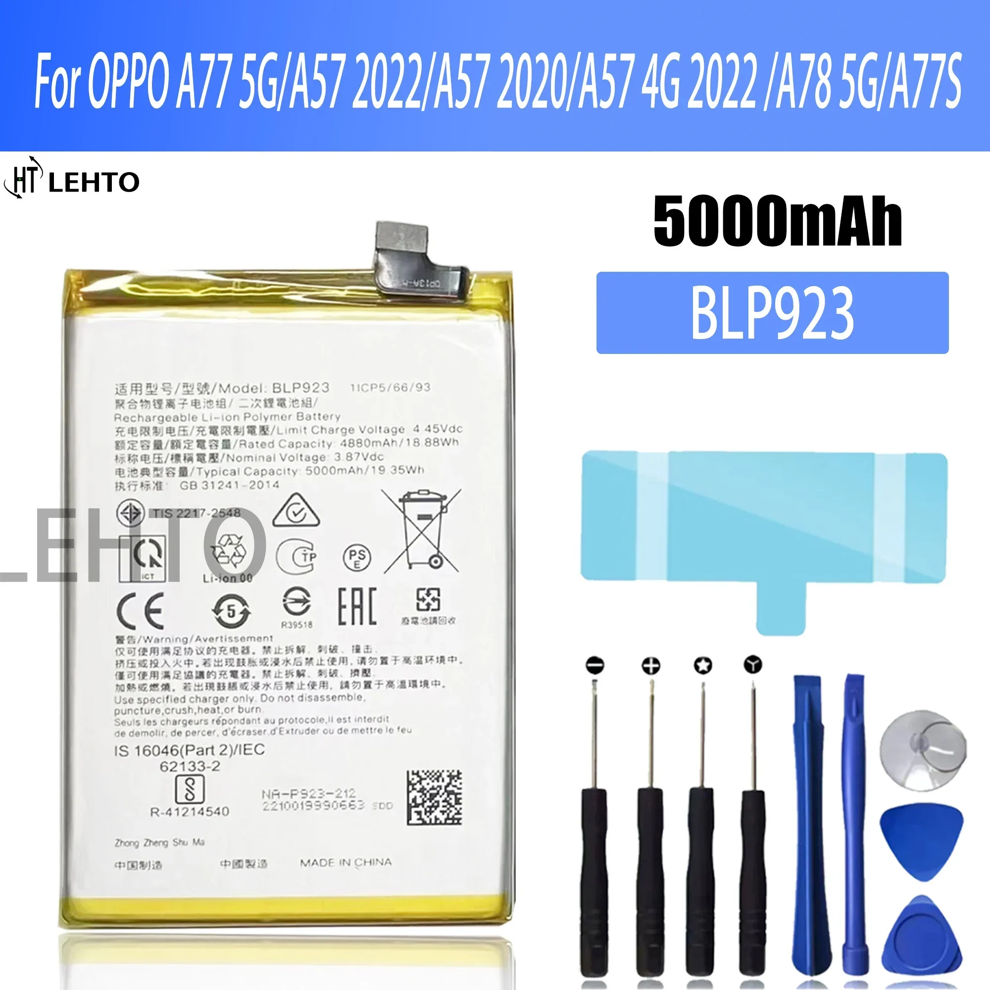 

100% Original BLP923 Battery For OPPO A77 5G/ A57 2022/ A57 2020/A57 4G 2022 /A78 5G/A77S Phone Replacement Bateria