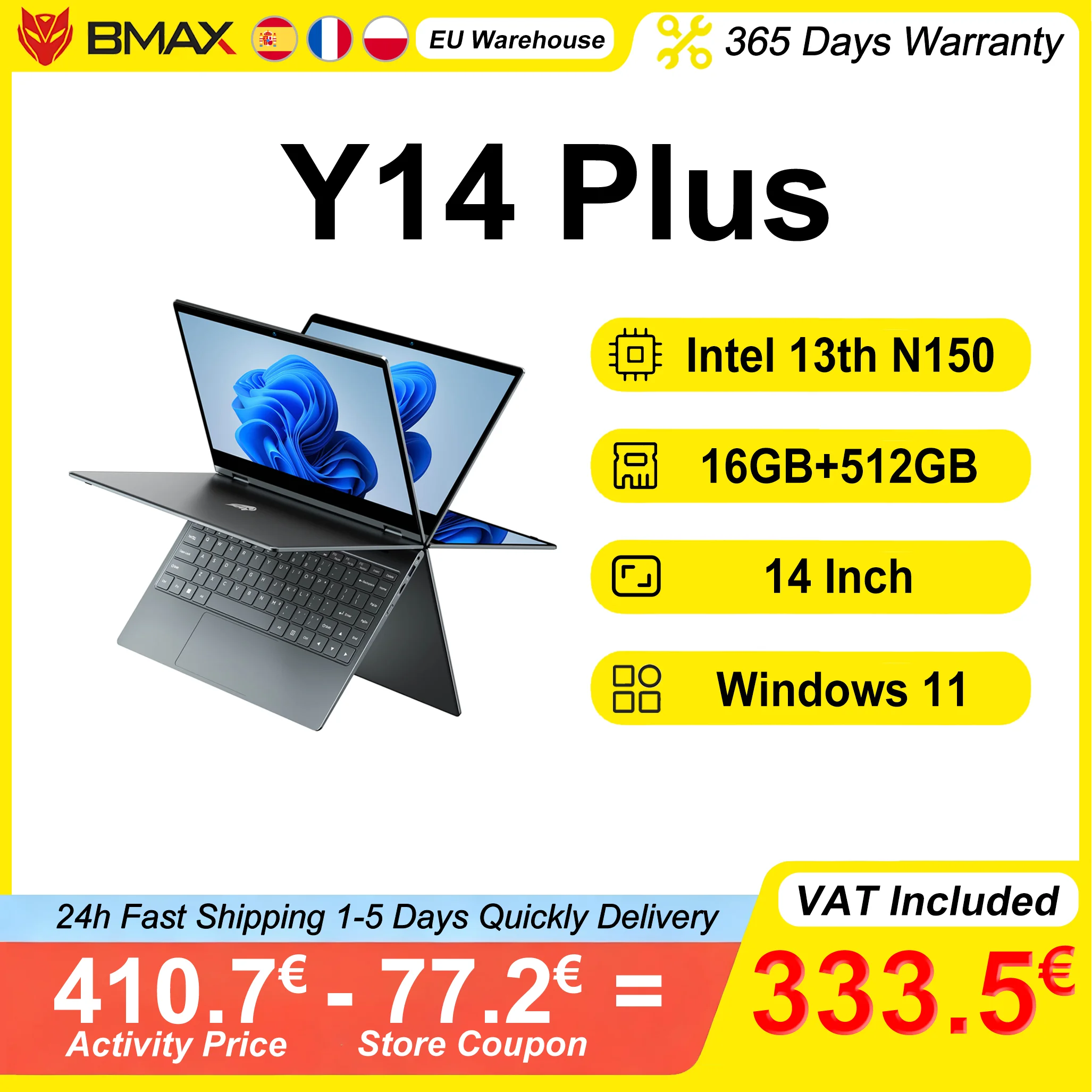 Laptop BMAX Y14 Plus 14 cali z ekranem dotykowym Intel N150 16GB RAM 512GB SSD 360 ° Przejściwalny w laptopa notebook z ekranem IPS o rozdzielczości 1920*1080 i systemem Windows 11