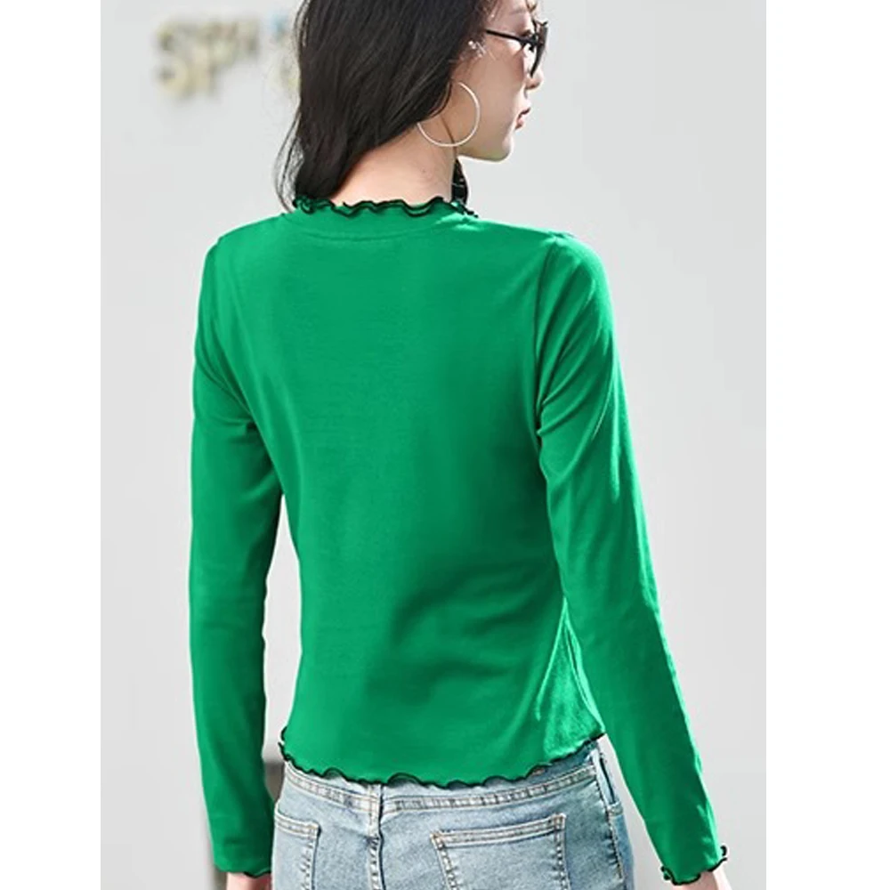 여성용 봄, 가을 새로운 스타일 플러스 사이즈 패셔너블 캐주얼 탑을 위한 한국어 버전 녹색 순면 긴팔 티셔츠