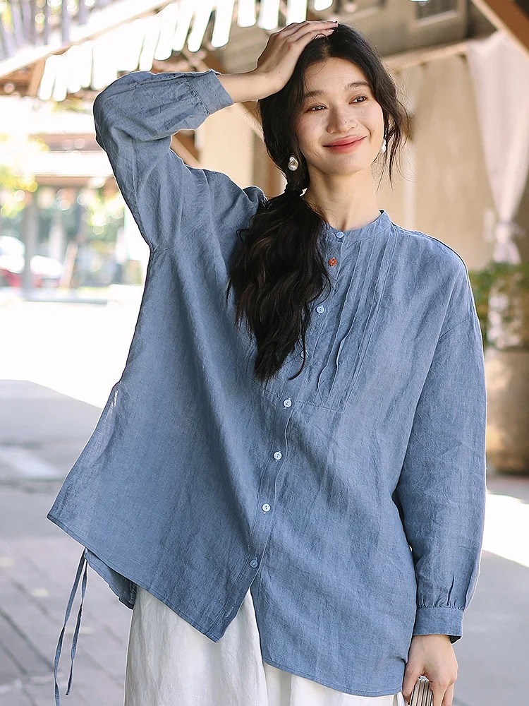 

Blue We irt Color Woven High End Fermentation Wa Linen Fine Tu Side Split mid Length Top Comfortable Commute Sle