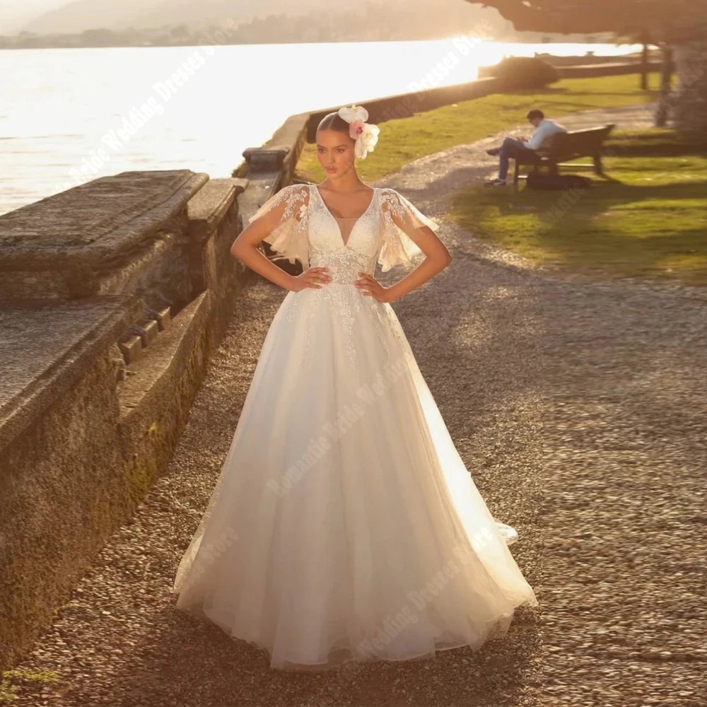 

Elegant V-Neck A-Line Women Wedding Dresses Customized Sexy Lace Flower Print Bridal Gowns Engagement Banquet Vestidos De Novia