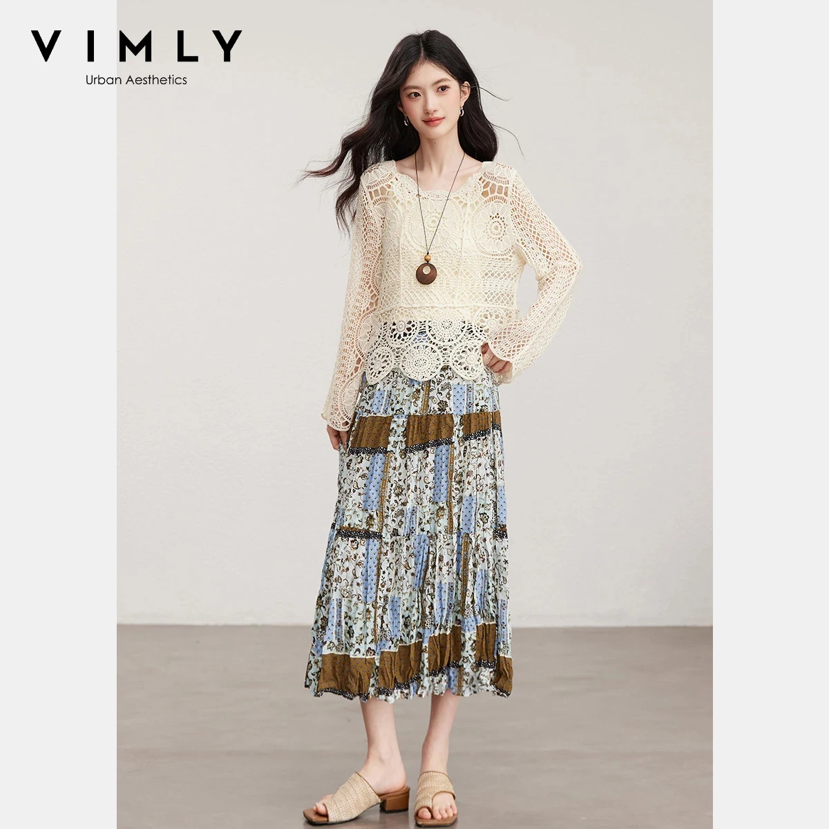 

VIMLY Women's Bohemian Three-Piece Set 2026 Spring New Camisole Top Hollow Out Knit Pullover Floral Print Long Skirt Sets 30626