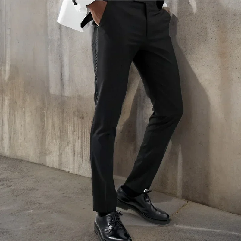 Suit Pants with Side Satin Stripe 1 Piece Slim Fit Formal Male Black Trousers Official Business Fashion for Wedding Prom