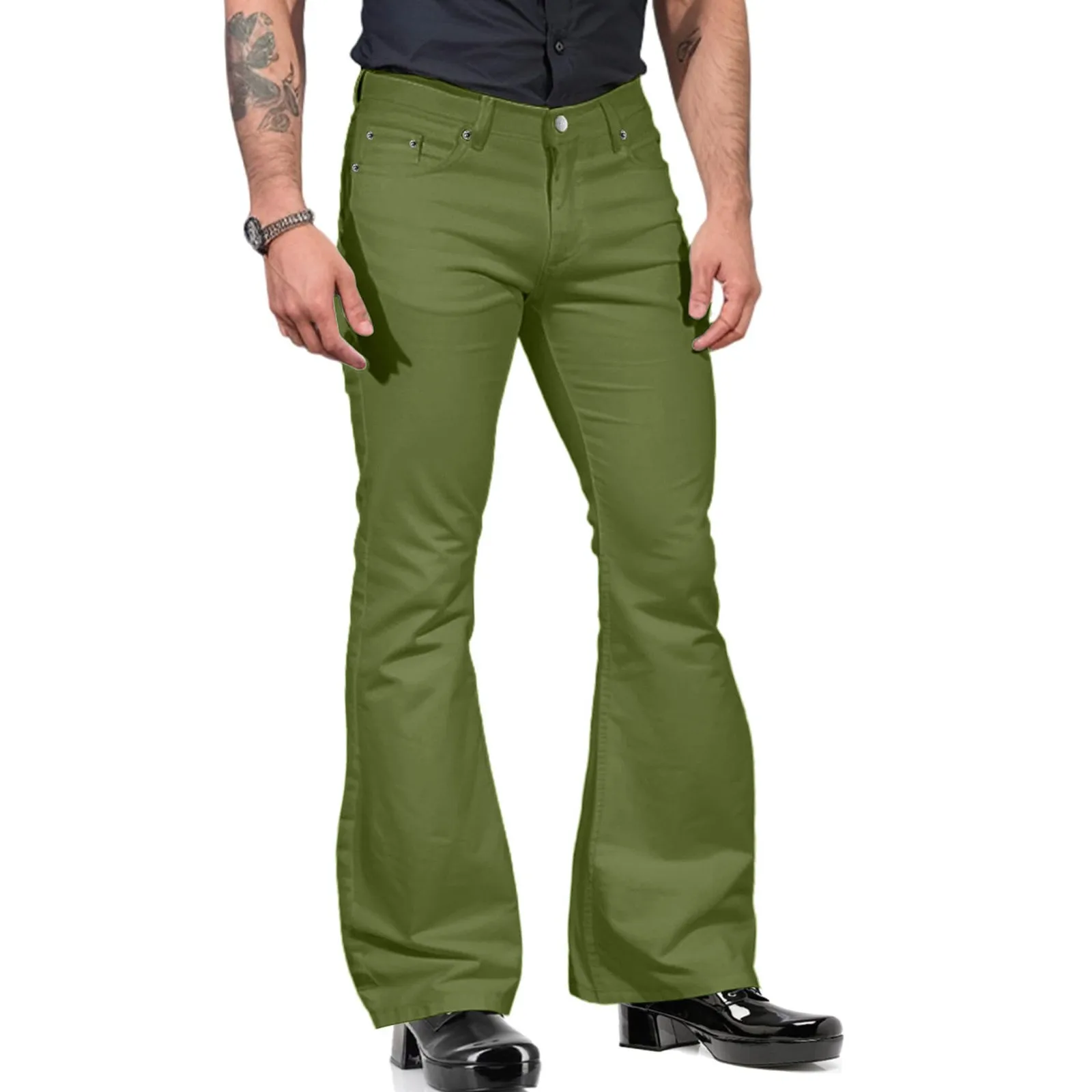 New Men Casual Pants Mid Waist Vintage Solid Color Punk Style Stretchy Fitting Flared Pants Wild Casual Long Trousers