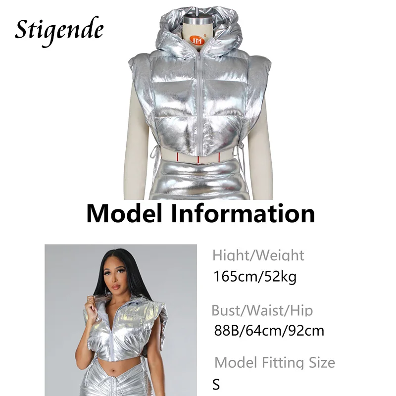 Stigende Golden Puffer Vest Parkas Women Zipper Shiny Hooded Waistcoat Bandage Side Split Sleeveless Crop Tank Tops Coat Jacket