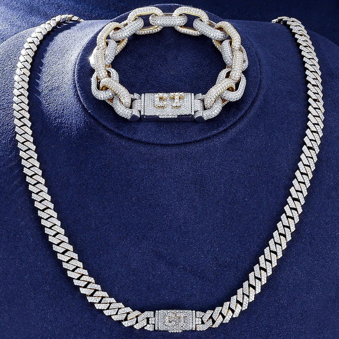 

12mm Cuban Link Chain 925 Silver Gold Plated Two Tones Iced Out VVS Moissanite Cuban Link Chain