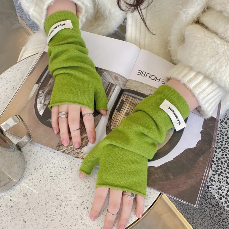 Winter Half-Finger Gloves for Women Long Knitted Fingerless Gloves Touch Screen Sleeves Korean Solid Color Warm Wrist Protection