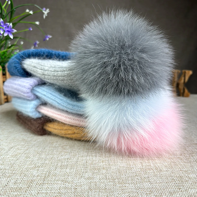 24 hot selling fox fur ball color blocked knitted hat for autumn and winter ear protection, rabbit fur flap colored hat