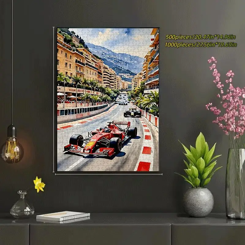 1 conjunto (1000 peças)/1 conjunto (500 peças) quebra-cabeça de papel diy, circuito monaco vermelho velocidade paisagem urbana, jogo de quebra-cabeça, cérebro teaser, h