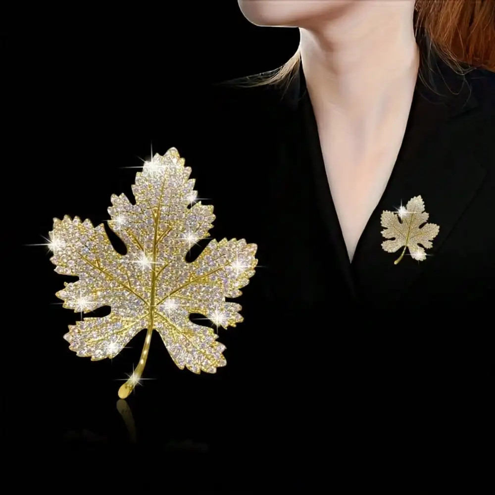 1PC Gold Plated Maple Leaf Brooch Women Shiny Crystal Lapel Pin Vintage Fashion Suit Accessory Gift For Office