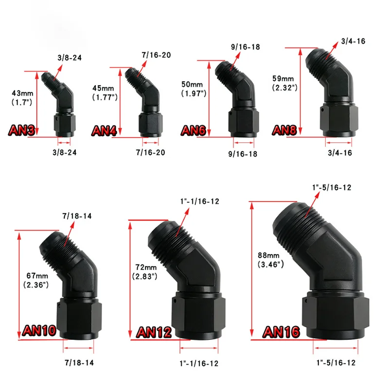 Oil Fuel Fittings Anodized Aluminum Fuel Adapter45 90 Degree Female AN3 AN4 AN6 AN8 AN10 AN12AN16 Swivel Adaptors To Male Black