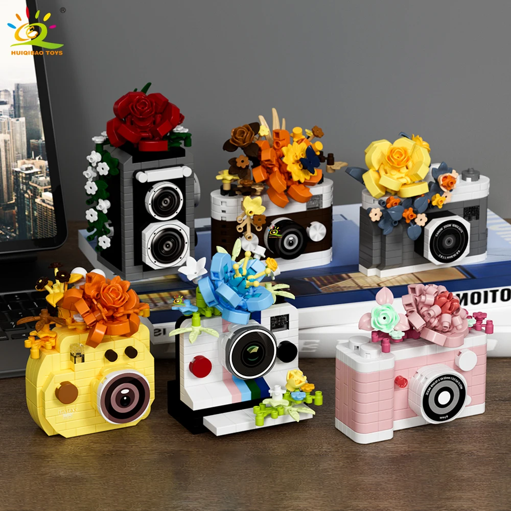 

HUIQIBAO MOC Cute Camera with flower model Micro Building Block Mini Diamond Model Brick Toy for Children Desk Decoration