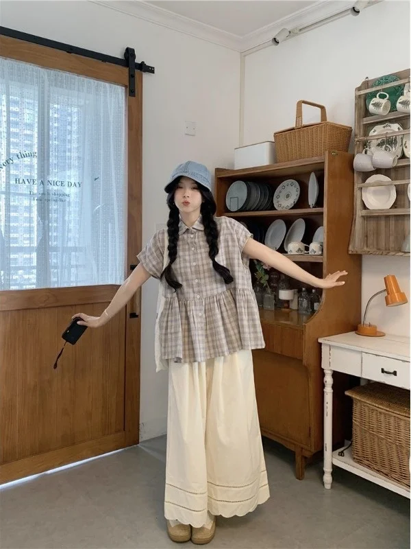 

plus Size Retro Embroidered Wide Leg Pants Shirt Set Summer New Lazy Style Checkered Pattern Women's Fashion Casual Outfit