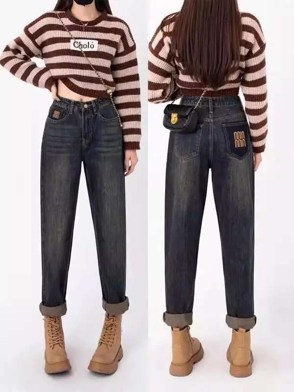 

Свободные женские джинсы с высокой талией, прямые, универсальные, весна-осень, новинка, большие размеры, с эффектом похудения