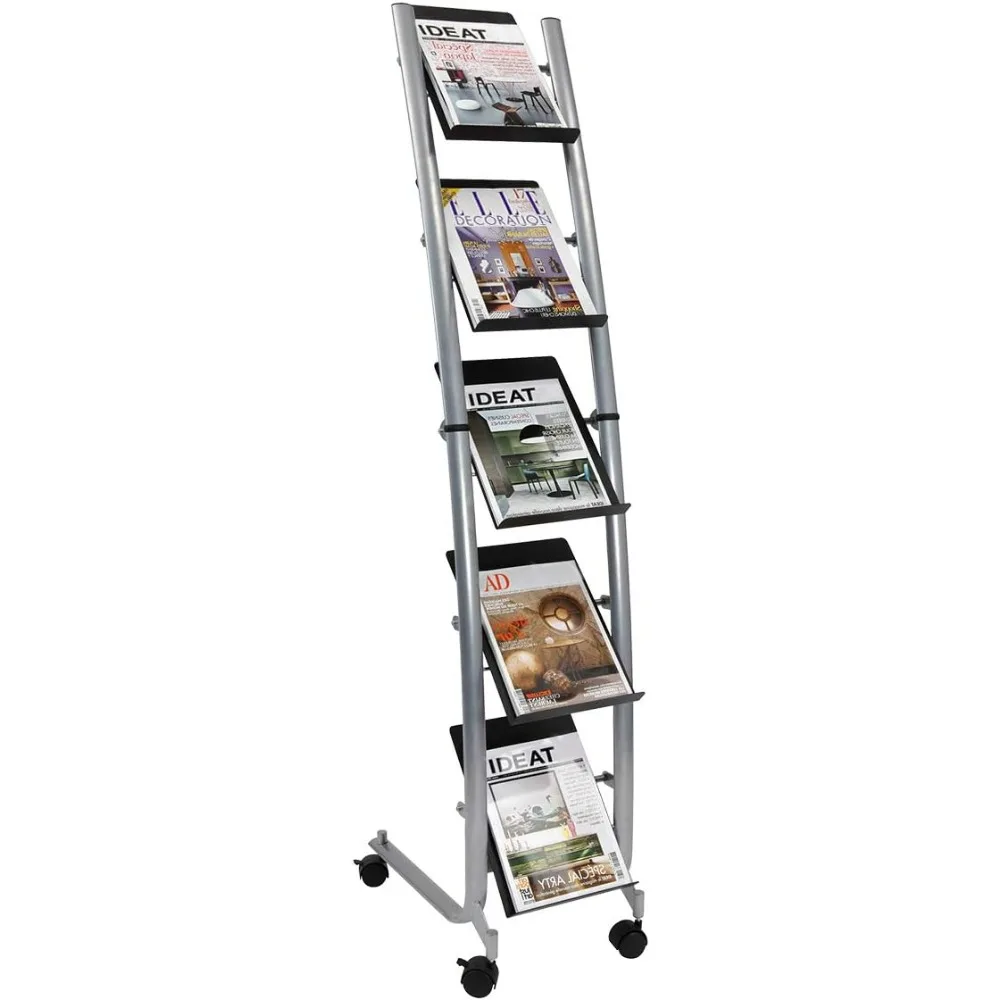 Mobile Literature Display - 5 Levels - Metallic - 4 Castors And Brakes， Floor Standing Magazine Rack