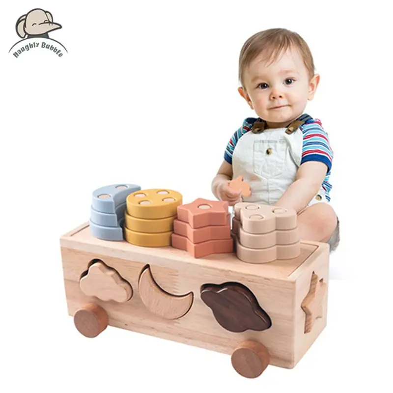 Montessori Toys Wooden Shape Matching Car Learning Toys For Babies 0-3 Years Old Building Block Stacking Toy Star And Moon Block