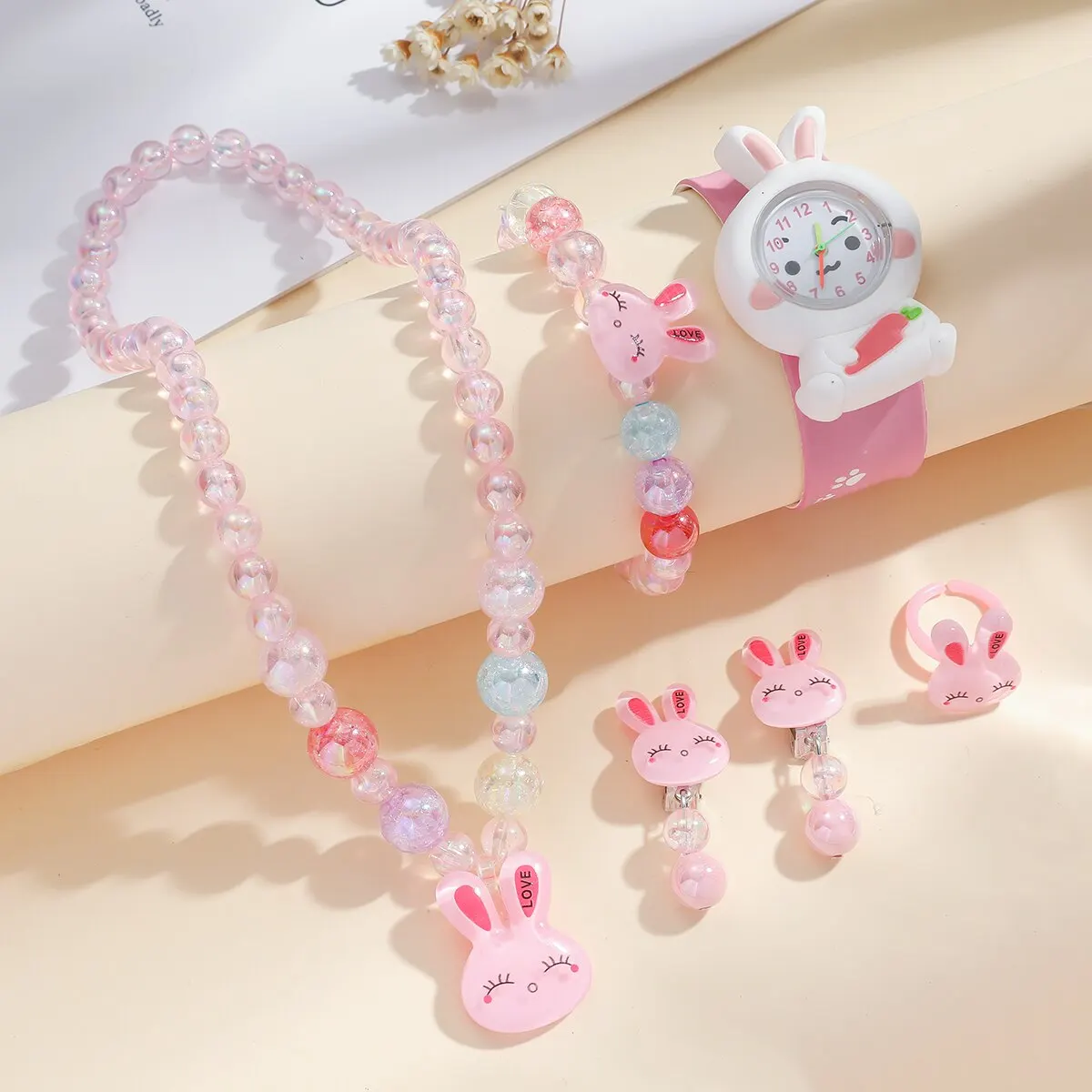 Childrens Kids Cartoon Rabbit Pattern Watch Jewelry Set Necklace Earrings Ring Bracelet Gifts for Children and Girls