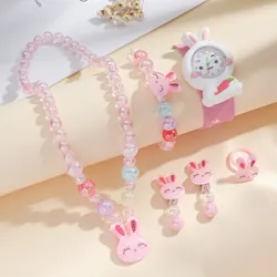 Childrens Kids Cartoon Rabbit Pattern Watch Jewelry Set Necklace Earrings Ring Bracelet Gifts for Children and Girls