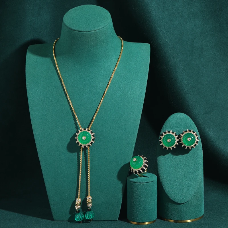 

High Quality Glass Pumpkin Green Jewelry Sets For Woman Black Rhinestone Mother's Day Charm Gift Antique Gold Plated Accessories