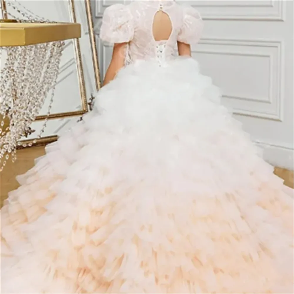 Gorgeous Tulle Lace Printing Layered Flower Girl Dress Princess Ball First Communion Dresses Kids Surprise Birthday Present