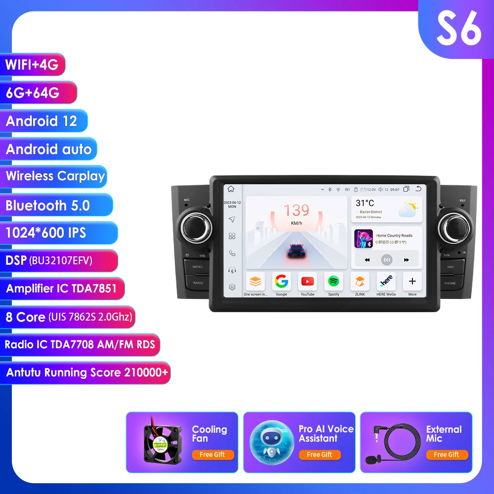 Hizpo 7 Inch 2 Din Android 14 Auto Multimedia Speler voor Fiat Grande Punto Linea GPS Carplay 4G WIFI intelligente Scherm Autoradio