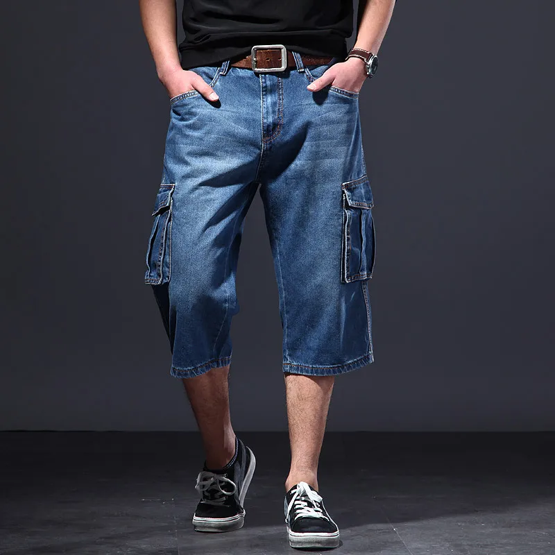 Summer Lightweight Loose Multi-Pocket Cargo Denim Shorts Men's Casual 7/8 Length Trousers