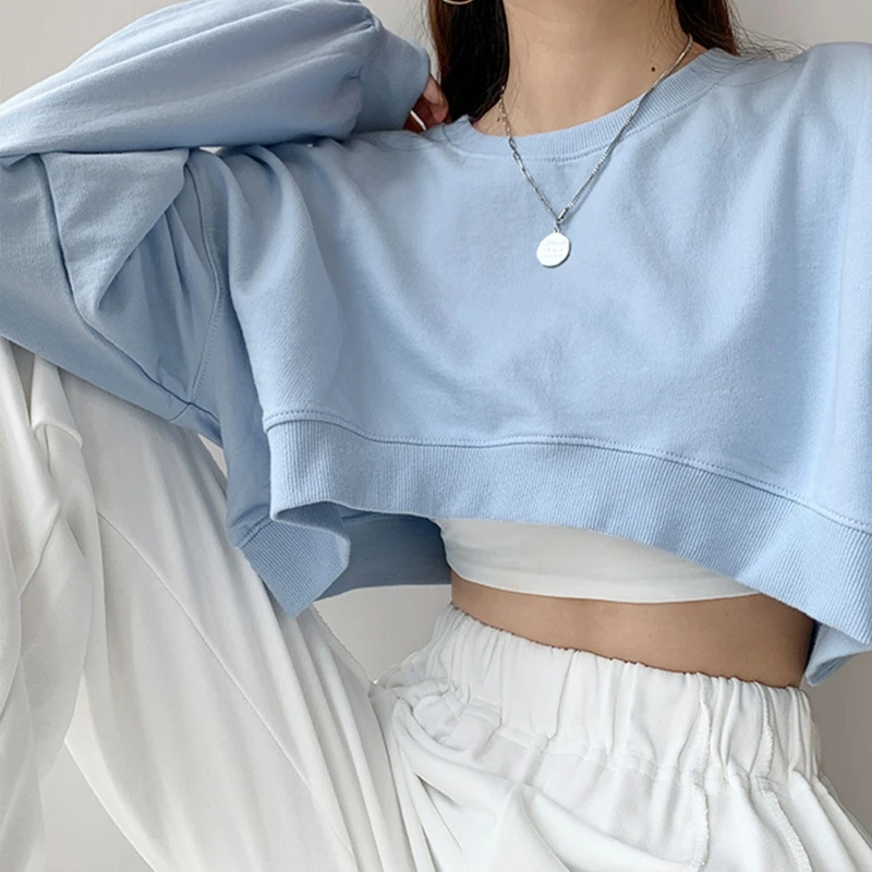 Women Long Sleeve Cropped Crop Top Hoodies Sweatshirt Causal Loose Pullover Tops Dropship