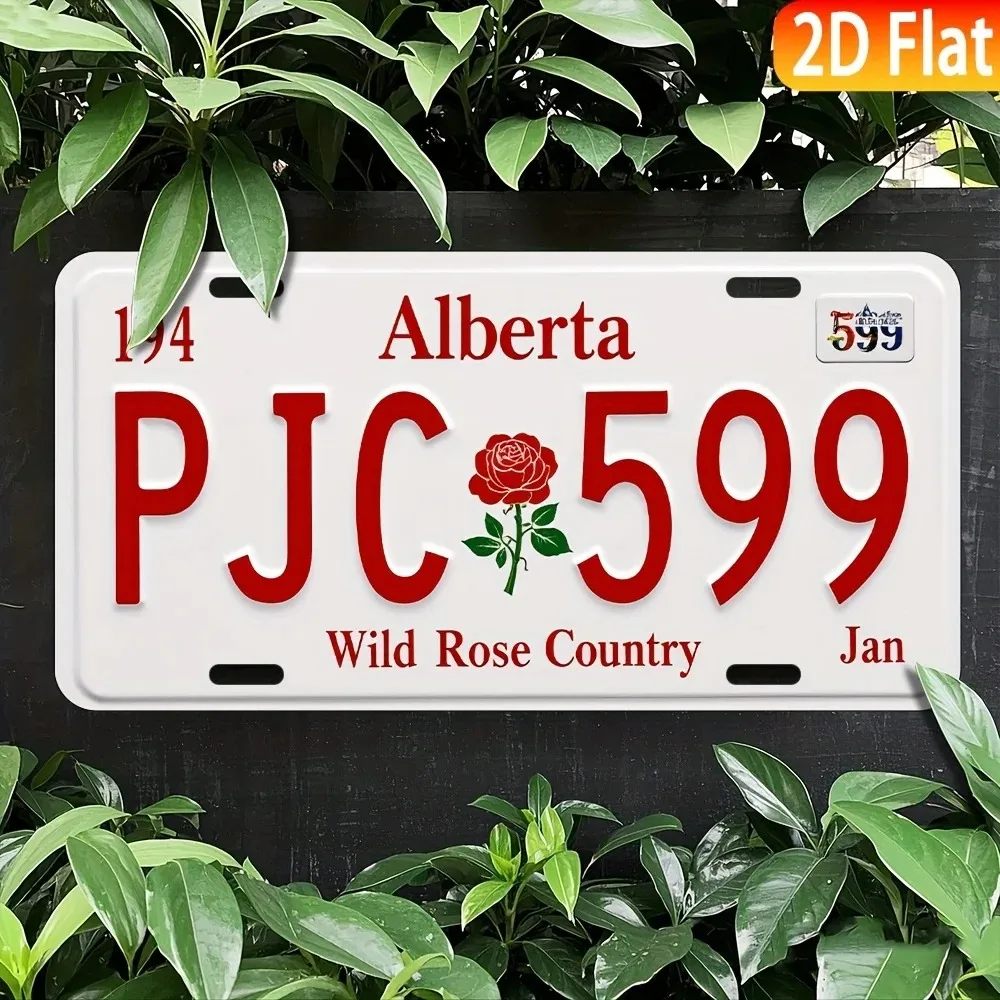 2D Flat Aluminum Alberta License Plate Sign Red White Wild Rose Design Decorative Wall Plaque for Home Bar Garage Man Cave