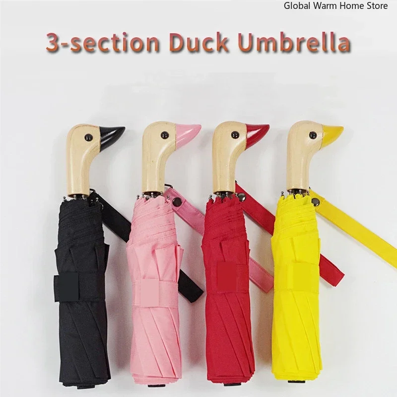 Cute Duck Wooden Handle Umbrellas Folding Automatic Anti-UV Windproof Black Coating Lady Portable Sun Parasol Umbrella Academy