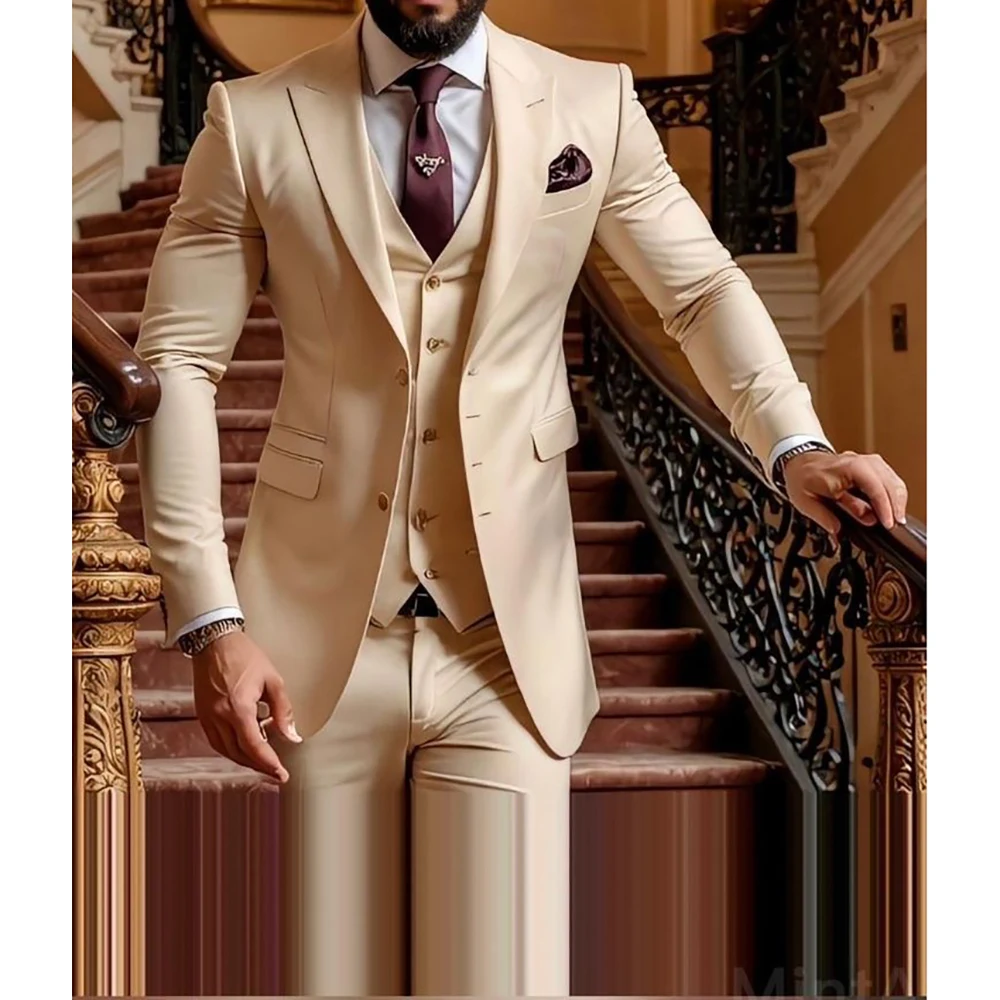 Luxury Single Breasted Men Suits Slim Fit Regular Length Peak Lapel Formal 3 Piece Jacket Pants Vest High End Male Clothing