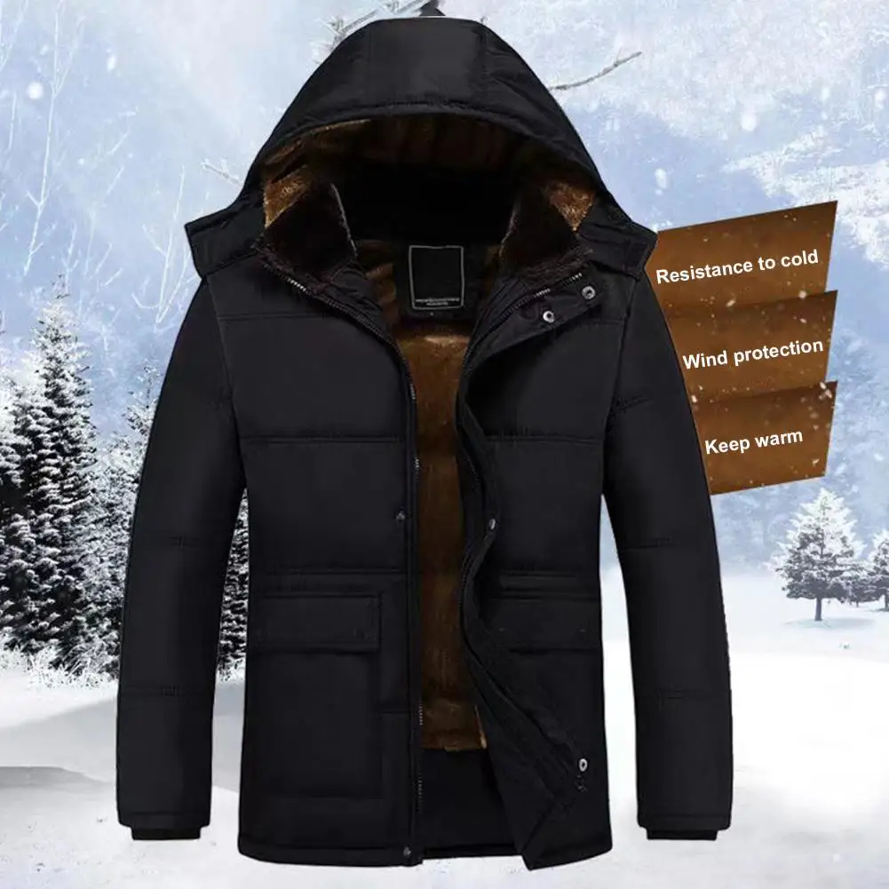 Plush Lining Coat Men's Hooded Down Jacket with Plush Lining Windproof Design Long Sleeve Zipper Closure Coat with Pockets