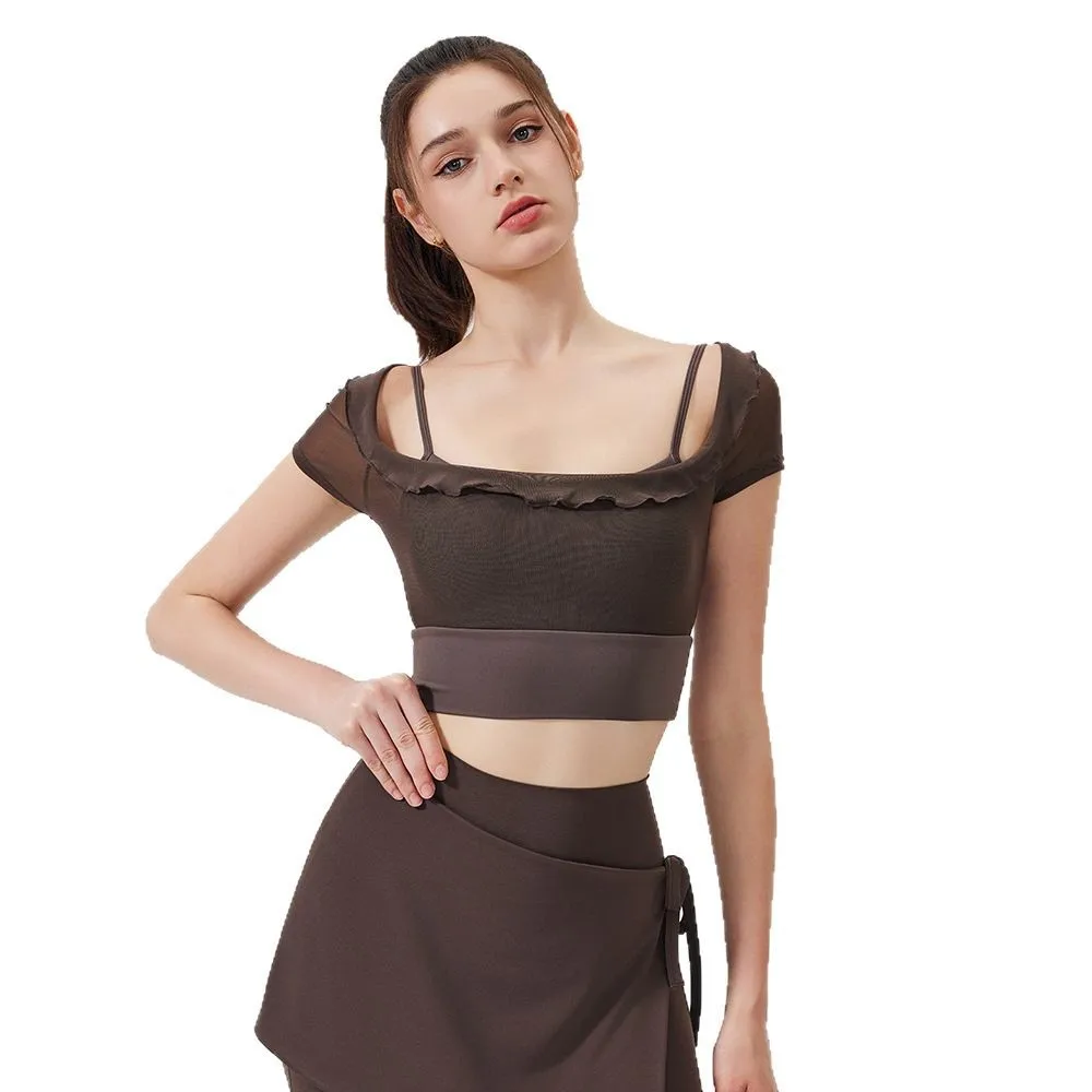 Kanten mesh korte mouwen hardloopsnelheid drogende sportbeha met borstkussen, hoge taille hardloopfitness bell bottom broek 2025