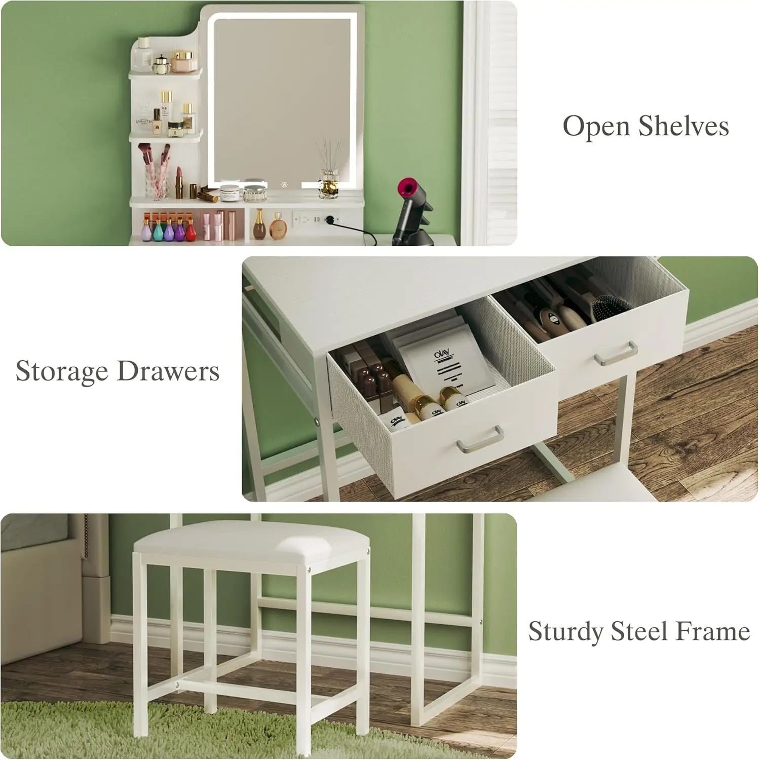 Makeup Vanity Desk with Mirror and Lights, Small Vanity, White Vanity with Fold-up Panel and Power Outlet for Bedroom