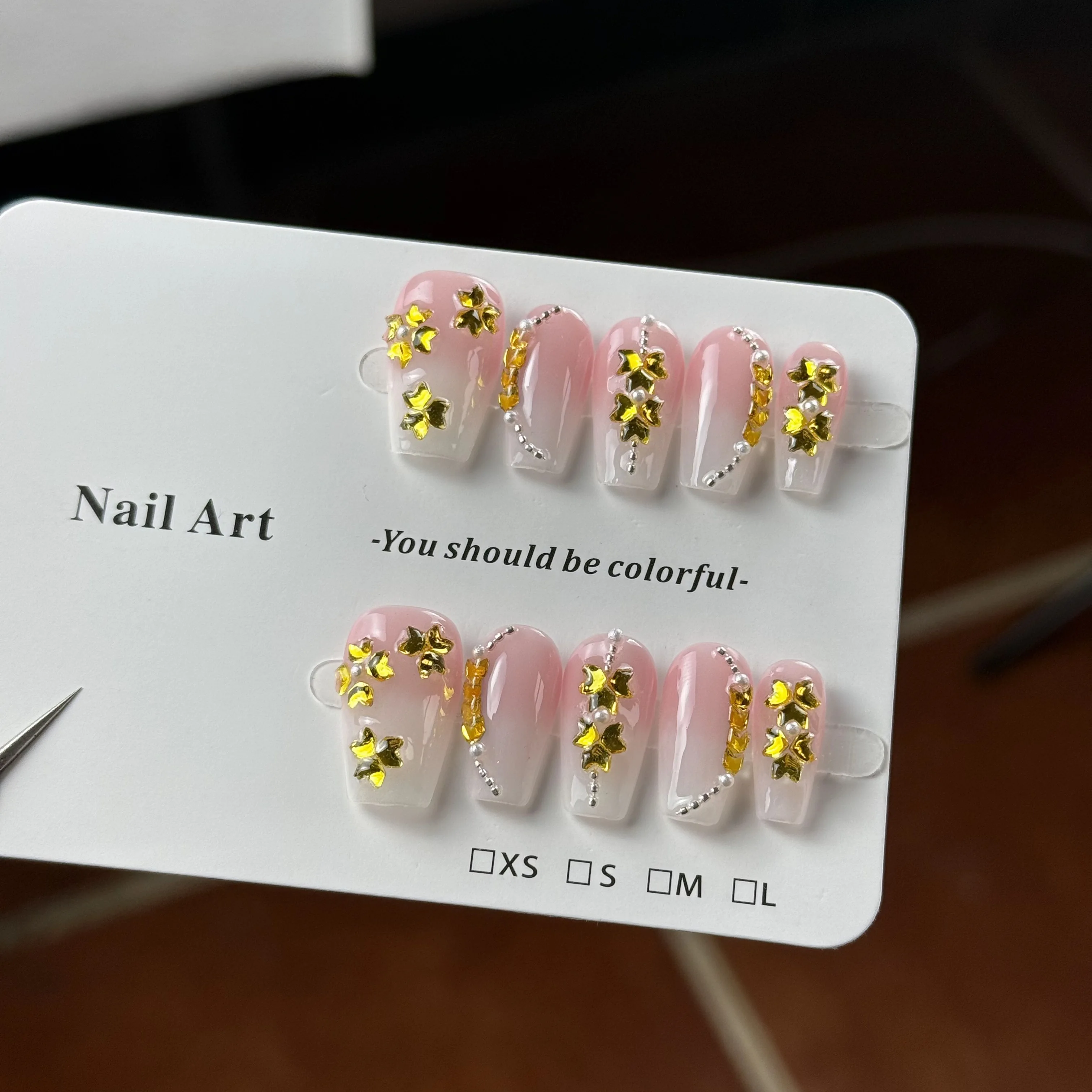 

10pcs high-end High-end style, light pink and golden wheat ears, sparkling and studded handmade French Tip Nails