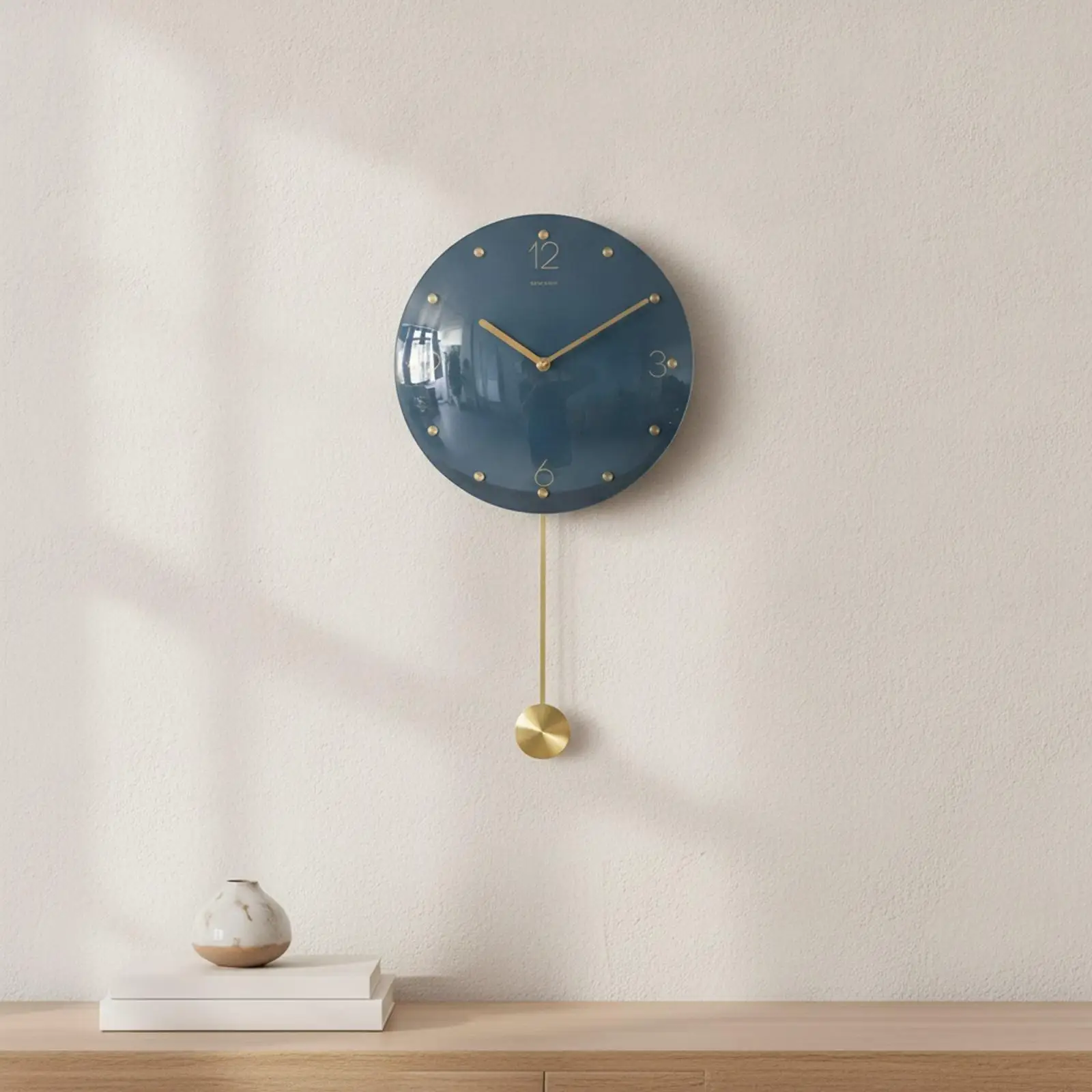 Wall Clock with Glass Front | Silent Sweeping Mechanism Wall Clock with Aluminum Pendulum, Raised Brass Hour Markers, for