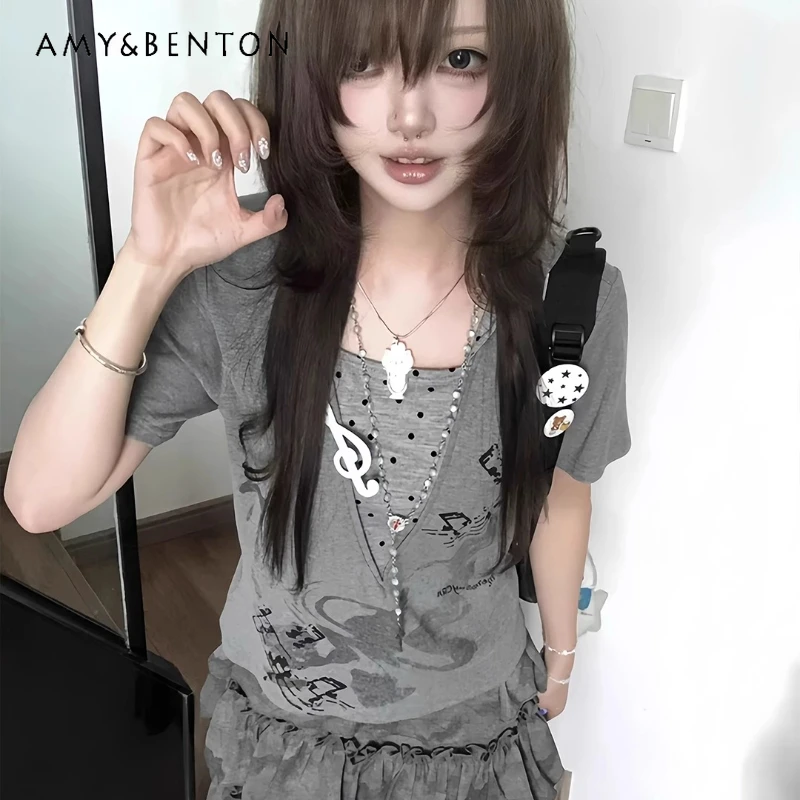 

Japanese Design Subculture Gray Hooded Short Sleeve Women's Top Summer Outfit Loose Slimming Punk Hot Girl Y2K T-Shirt Ladies