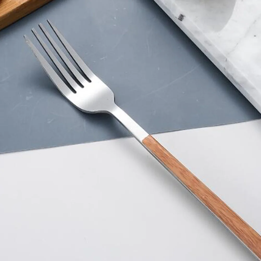 

4Pcs Stainless Steel Flatware Set Imitation Wood Handle Cutlery Salad Forks Classy Looking Tableware Easy to Clean