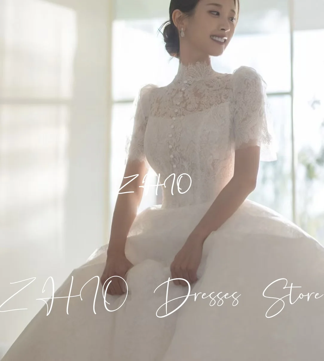 Zhi luxo marfim renda vestido de casamento alta pescoço mangas curtas a linha até o chão coreia sessão de fotos vestido de recepção de noiva personalizado