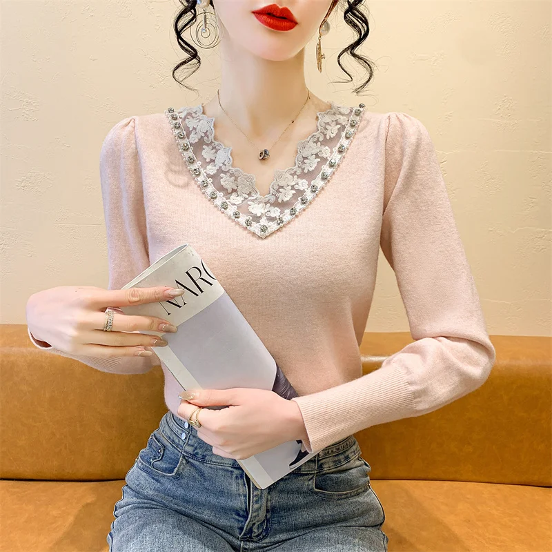 

Ретро-свитер с V-образным вырезом, кружевом и стразами, вязаный, женский, приталенный, модный базовый топ с длинными рукавами