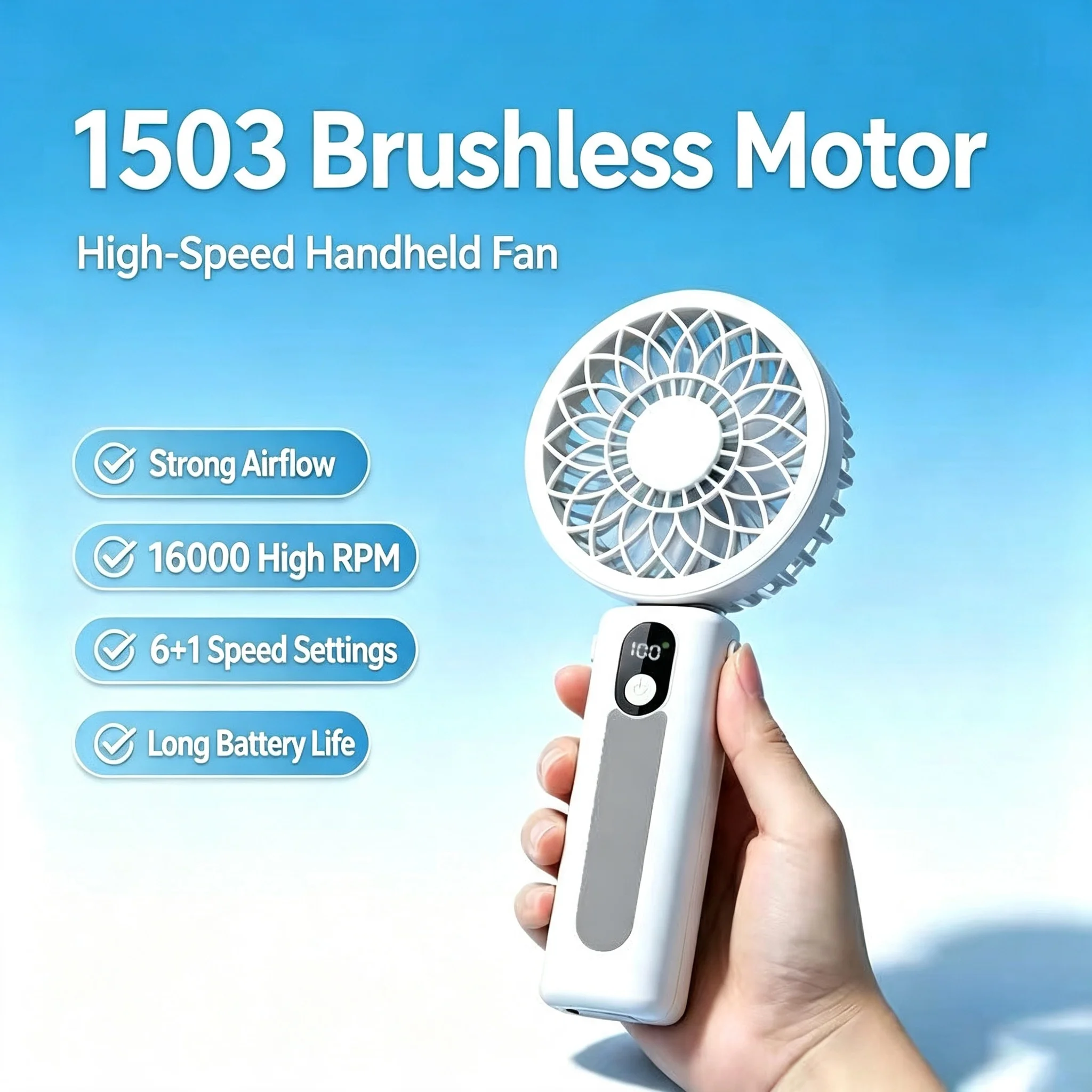 M3 Mini Strong Wind Fan with 1503 Brushless Motor for Model Aircraft, Supports 7-Speed Wind Speed Adjustment, 3000Mah Detachable Battery for Long Battery Life, Type-C Fast Charging, Foldable, Handheld, Desktop, and Neck-Hanging Three-In-One Use, Portable Cooling Device for Summer Outdoor Activities