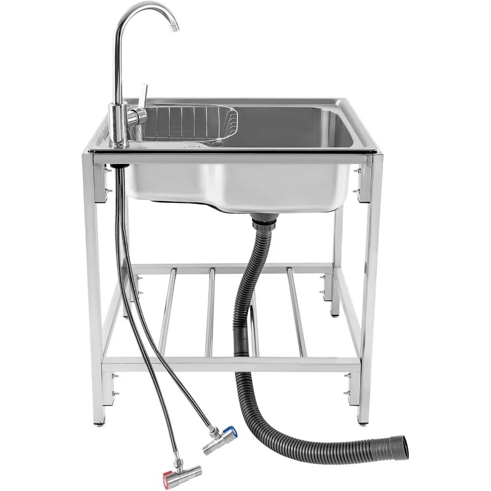 

Utility Sink, Stainless Steel Freestanding Single Bowl Sink with Hot Cold Faucet and Storage Shelves for Laundry Kitchen Re