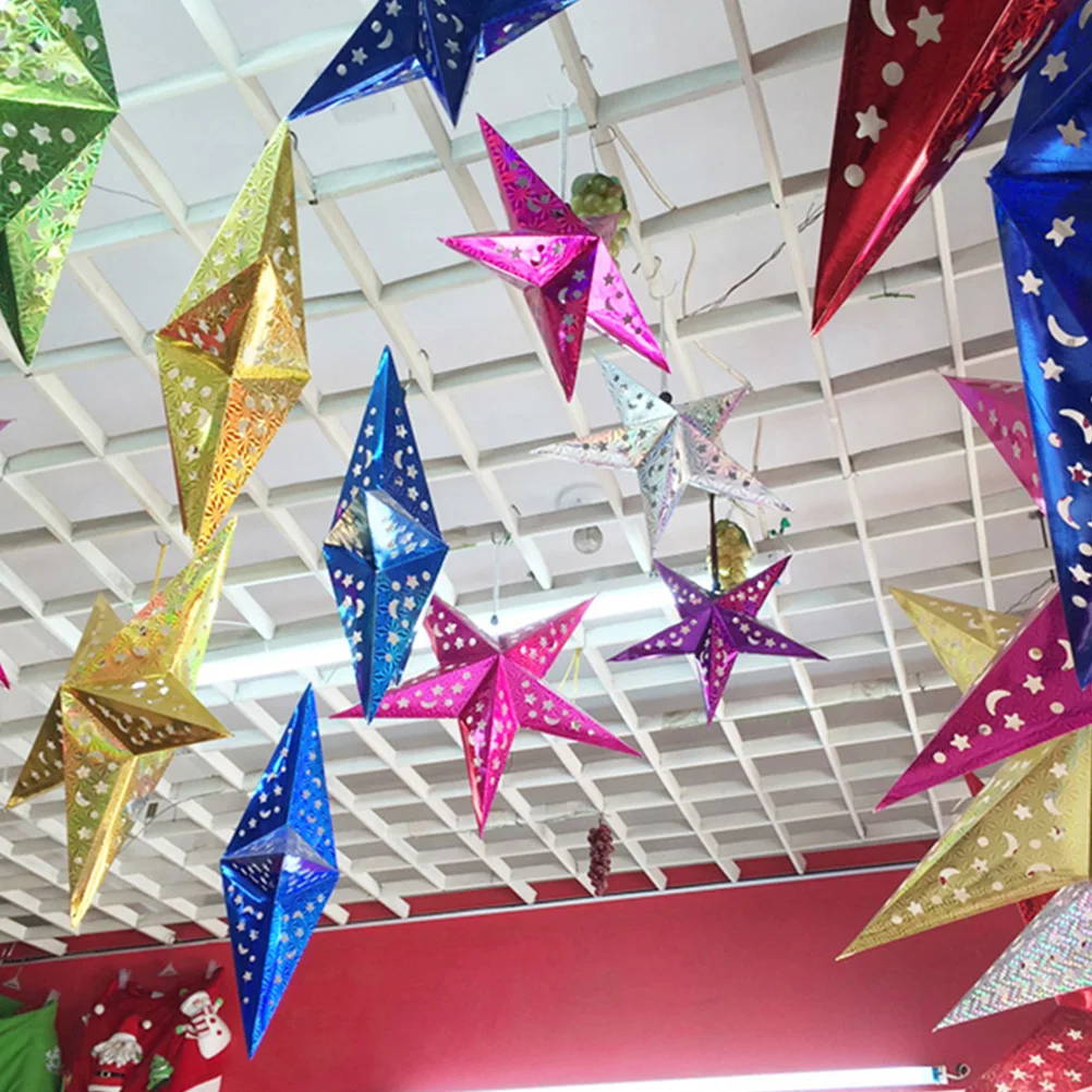

6pcs Thickened Paper Star Lamp Shades 3D Pentagram Pendants Hollow Out Design Interior Decoration For Living Room Bedroom