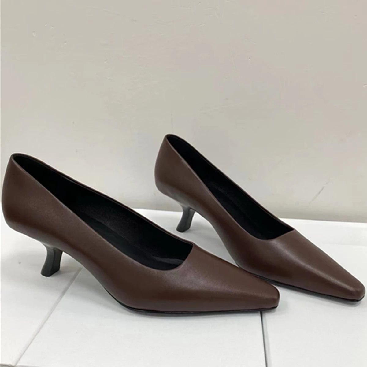 Withered Vintage Fashion Genuine Leather Heel Shoes Women Slip On Shoes Nordic minimalist Italian Cowhide 6cm Stiletto