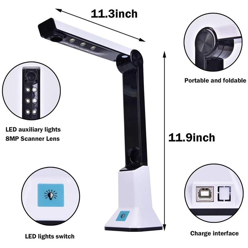 Document Camera For Teachers, Portable USB Document Camera Scanner With Stand 8MP HD A4 Format Doc Cam Photo Scanner