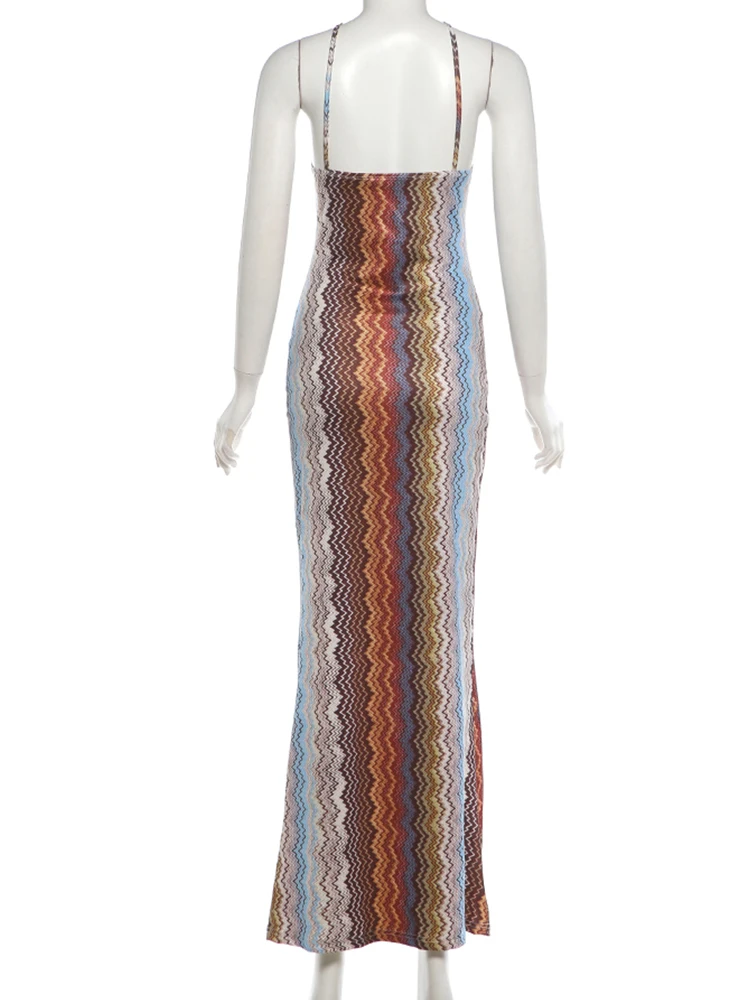 Weird Puss, farbenfrohes, langes Kleid für Damen, Sommer-Trend, Neckholder, schulterfreies Design, rückenfreies Modell, ideal für Urlaub, Strandpartys, eleganter Stil, Vestidos. – Detail 6
